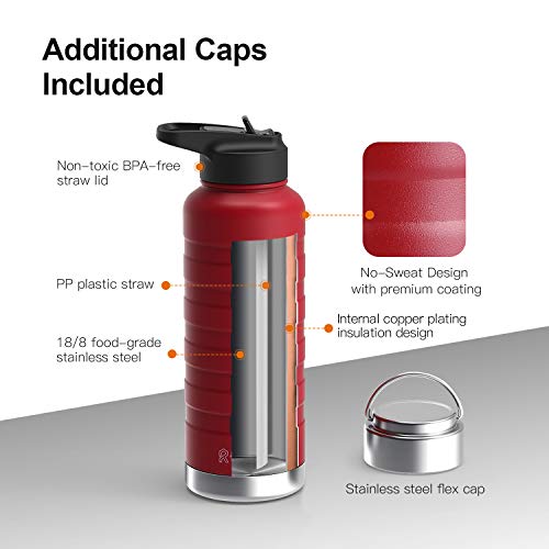 REYLEO Vacuum Insulated Water Bottle with Straw Lid- 24 Oz, Red, 2 Lids, 18/8 Stainless Steel Metal Sport Water Bottle, Keep Cold 24 Hours & Hot 8 Hours, Standard Mouth with Straw Lid