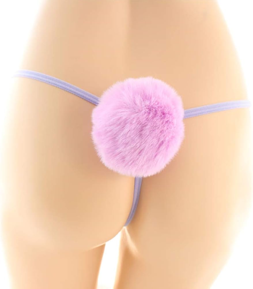 TOMORI Womens Sexy Thong Pantie Cute Rabbit Tail G-String Fur Ball Bikini T-Back Cosplay Underwear, Purple (Mesh), One Size: Clothing