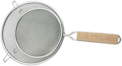 Set of 2 Double Mesh Strainers Colanders Sieve Sifter with Wooden Handle, Stainless Steel, 5.5” and 7”diameter