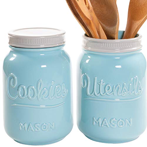 Mason Cookie Jar & Utensil Holder Set Large Airtight Ceramic Cookie