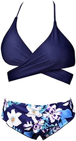 Balabalam Women's 2 Pieces Bikini Criss Cross Push-up Padded Floral Print Bottom Bathing Suit (Small)