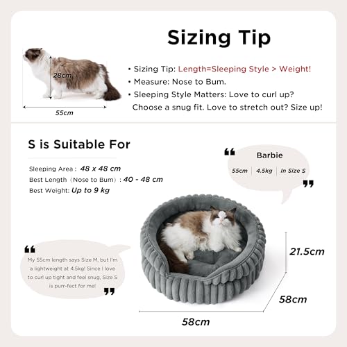 BEDSURE Fluffy Cat Bed for Indoor Cats - 58 x 58 cm Small Round Cat Bed, Washable Large Cat Bed for Kittens and Puppies with Non-Slip Base and Removable Cushion, Grey
