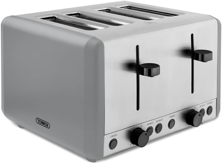 Tower Sera 4 Slice Toaster 1800W Grey with 6 Browning Levels Defrost Reheat