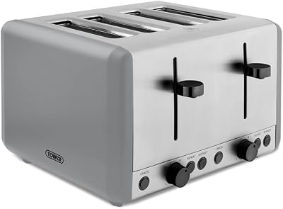 Tower Sera 4 Slice Toaster 1800W Grey with 6 Browning Levels Defrost Reheat