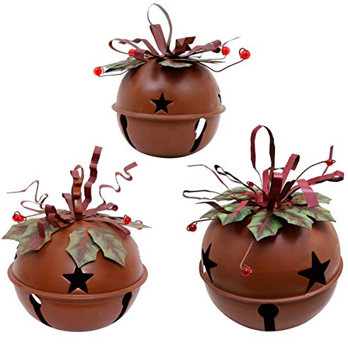 Large Christmas Jingle Bell Decoration Set of 3, Rustic Red Jingle Bell Hanging Christmas Tree Bell Ornament Metal Star Cutout Xmas Holiday Decor, Party and Festival Decoration (Bell Set)