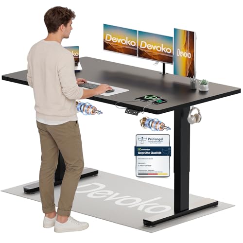 Devoko Höhenverstellbarer Schreibtisch mit 2 Motoren，25mm Einteilige Tischplatte, 160x80 cm Elektrisch Computertisch mit Kabel Management, Schwarz - P