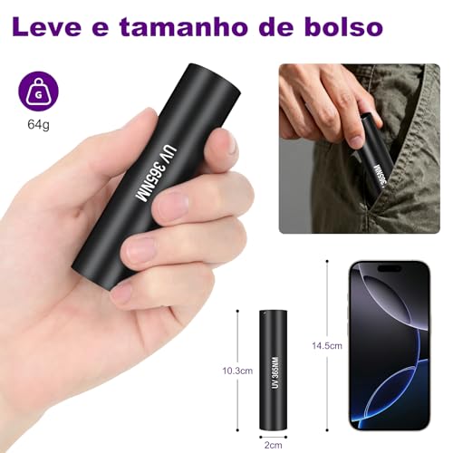 Tobeape Mini Lanterna UV 365nm 10W Recarregável USB-C, Luz Negra Profissional para Detectar Urina de Pet, Manchas, Cura de Resina, Rochas e Escorpiões