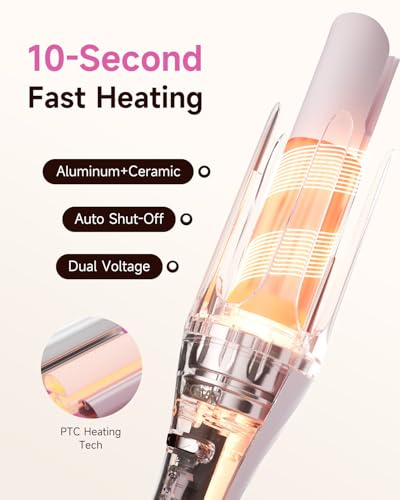 5 in 1 Auto Curling Iron Set with Interchangeable Barrels - 1", 1.25", 1.5" Curling Wand, Hair Crimper & Straightening Brush, Rotating Ceramic Curler, 3 Temp, Dual Voltage, Anti-Scald, Pink