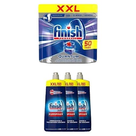 Finish Spülmaschinen-Vorteilspack, Quantum Spülmaschinentabs XXL (50 Tabs) + 3x Klarspüler (3 x 1150ml)