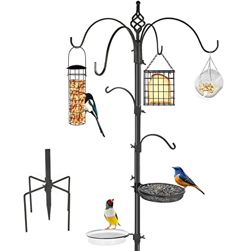 Bird Feeding Station Kit, 6-Hook Bird Feeder Stand, Bird Feeder Pole with 3 Bird Feeders and Mesh Tray and Bath Tray, Upgraded 5-Prong Base Bird Feeders for Outdoors Hanging, 89\