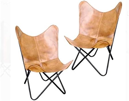 Amerihome Leather Butterfly Chair in (2 Sets, Light Tan)