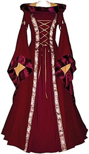Women's Medieval Dress Renaissance Costume Gown Hooded Floor Length Women Cosplay Dresses Retro Gown (XL, wine red)