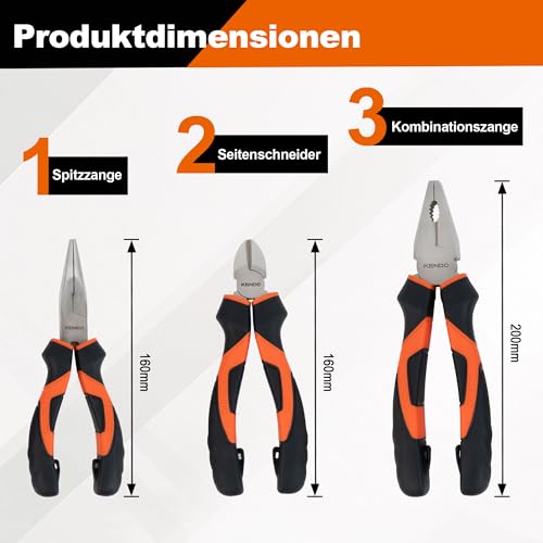 KENDO Zangenset 3-teilig – Kombizange, Spitzzange & Seitenschneider – Zangen Set Werkstatt aus gehärtetem C55-Werkzeugstahl mit ergonomischen griffen – Zangenköpfe Nickel-Eisen-Beschichtung thumbnail 2