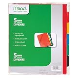 Mead Tab Dividers with Pocket, 3 Hole Punch, Fits 3 Ring Binder, Assorted Colors, 5 Pack (20038)