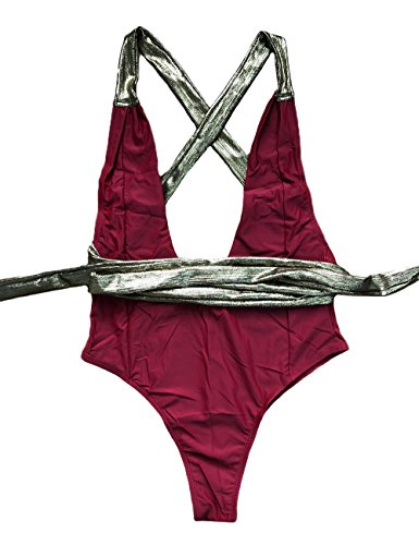 JadeRich Women's Solid Deep V High Cut Cross Back 1-Piece Thong Bikini Suit
