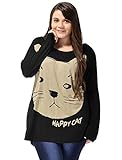 Agnes Orinda Ladies Plus Size Cat Head Prints Batwing Sleeves Autumn Tee Shirt Black 2X