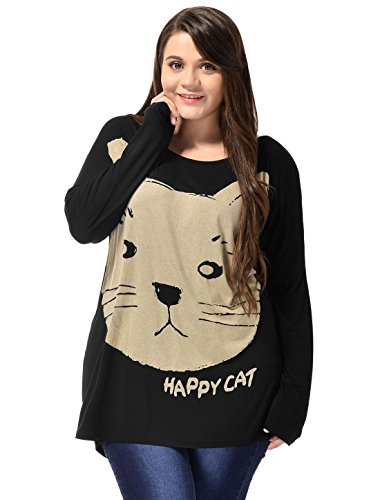 Allegra K Ladies Plus Size Cat Head Prints Batwing Sleeves Autumn Tee Shirt Black 2X