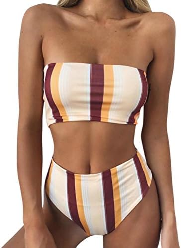 Elogoog Bikini Cothing Women's Two Pieces Swimsuit Sexy Bandeau Bikini Bandage Stripe High Waisted Bottoms Swimwear (Coffee, L)