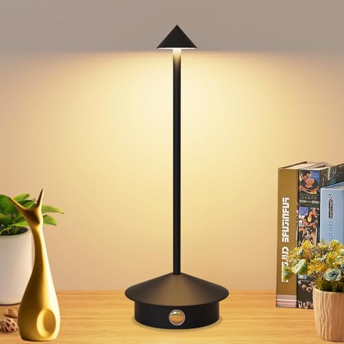 Sunsign Lámparas de Mesa Inalámbricas, Pequeña Lámpara de Escritorio Portátil,3 Temperaturas de Color y Regulable, Lámparas de Mesa para Dormitorio, para Sala de Estar, Restaurante (Negro)