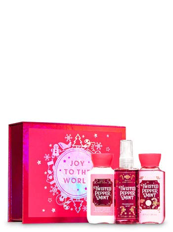 Bath and Body Works TWISTED PEPPERMINT Mini Gift Box Set Set 3 pc Travel Size arranged in an gift box with a ribbon.