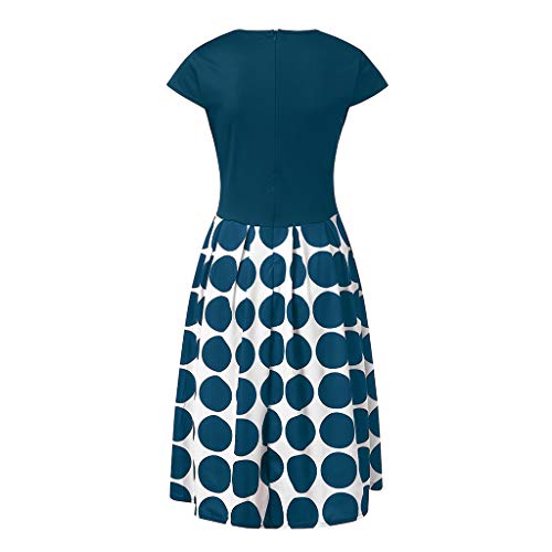 WUAI Womens Vintage Crewneck Floral Tunic Party Dress Polka Dot Pleated A-Line Swing Cocktail Dress(Blue,XX-Large)