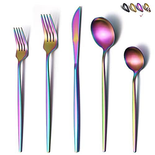 Matte Rainbow Flatware Set 20 Pieces, Stainless Steel Colorful Silverware Set, Titanium Plating Matte Rainbow Cutlery Set, Matte Rainbow Utensil Sets, Service Set for 4 (Matte Rainbow)
