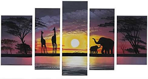 100% Hand Painted Large African Elephants 5 Pieces Wall Art Animals Laker Framed Oil Painting for Living Room, Ready to Hang