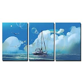 3 Piece Canvas Wall Art - The Sailboat in The Sea Against Summer Sky with Big Clouds,Illustration Painting - Modern Home Art Stretched and Framed Ready to Hang - 16"x24"x3 Panels