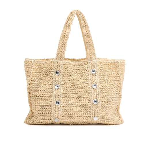 GIOSEPPO Sac fourre-tout LOMIRA pour femme | Raphia avec ornements strass dans un ton naturel | Mode plage été | Fermeture éclair et poche intérieure | Sac bohème pour usage quotidien et voyage,