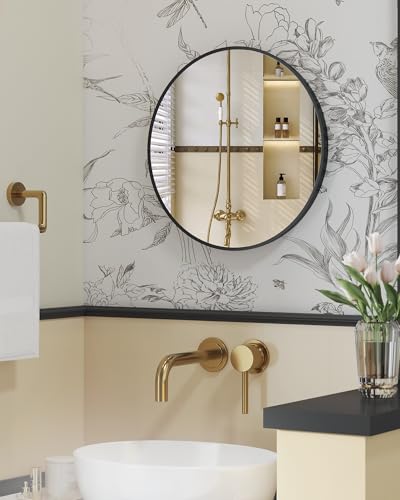 SONGMICS 50cm d Mirror Round Mirror Wall Mirror Metal Frame Easy Mount Modern Bathroom Living Room Bedroom Hallway Entrance Ink Black LWM101BD03