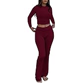 AYWA Women's 2 Piece Outfits Foldover Flare Pants Long Sleeve Crew Neck T-shirt Fitted Pajama Sets