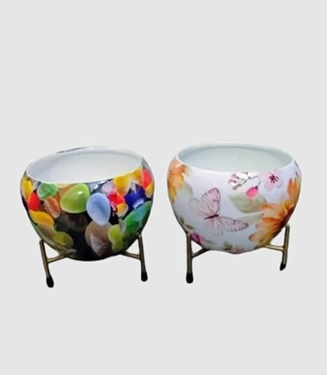 TNZ Creations Metal Meena Pot with Stand | Multicolour Design, Flower Pot for Home Decor | Table Top Flower Pot | Best for Indoor Plantation. Pack of 2 Pieces.