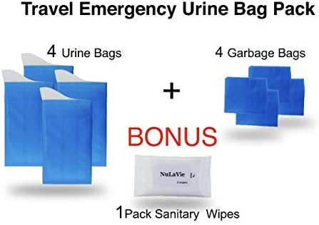 NuLaVie Disposable Urine Bags for Men and Women - Leakproof Travel Emergency Pee Bag 4-Pack with Sani Wipes - Portable Urinal Bags for Traffic Jam, Car, Camping - Emergency Toilet Bags for Children 4 NuLaVie Disposable Urine Bags for Men and Women - Leakproof Travel Emergency Pee Bag 4-Pack with Sani Wipes - Portable Urinal Bags for Traffic Jam, Car, Camping - Emergency Toilet Bags for Children