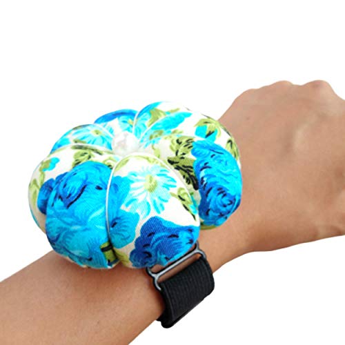 Blue Floral Flower Garden White Wrist Pin Needle Cushion Adjustable Elastic Band Pincushion Wearable Cute Pumpkin Pins Needles Pincushions Holder Safety Elastic Band for Sewing Crafting Girl Gift - Thumbnail 2
