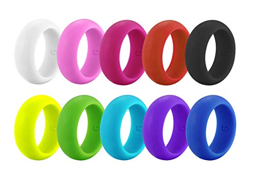 Rinspyre Set of 10 Womens Silicone Ring Rubber Band, 8MM Wide, Candy Rainbow Colorful Mint, Coral, Red, Pink, Black, Size 7