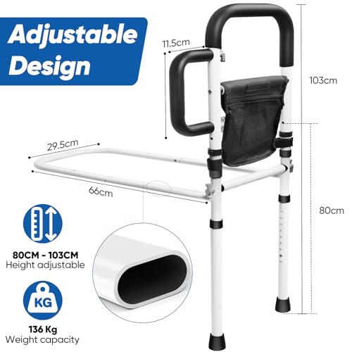 INCIKITI Bed Rail for Elderly Adults Bed Grab Rail Up to 136KG, Adjustable Heights Bed Safety Rails for Adults, Bed Handle for Getting Out of Bed with 2 Grab Bars and Storage Pocket