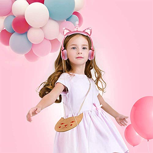 LOBKIN Cuffie unicorno per bambini/ragazze, orecchie di gatto luminose con LED, cuffie cablate regolabili con volume 85dB per tablet/giocattoli/PC/TV/telefono (rosa)