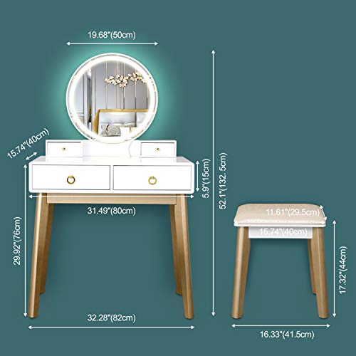 OUTDOOR DOIT Vanity Table Set,Makeup Table with Oval Mirror & Stool, Bedroom Wood Dressing Table with 4 Storage Drawers White