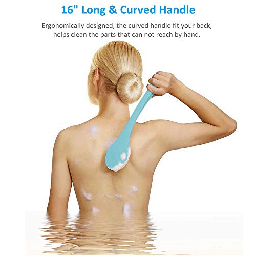 Bath Back Brush Soft Long Handle for Women, Back Shower Brush Scrubber Washer Bathing Scrubbing Exfoliating Body Brush Curved Handle Exfoliator for Dry Skin Cleaning Not Slip with Lanyard (Blue) - Thumbnail 2