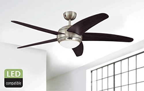 Westinghouse Lighting 132 cm Deckenventilator Bendan 72557 mit Einzelleuchte und fünf Flügeln, Ausführung in seidenmattem Chrom mit Opalmilchglas [Energieklasse G]
