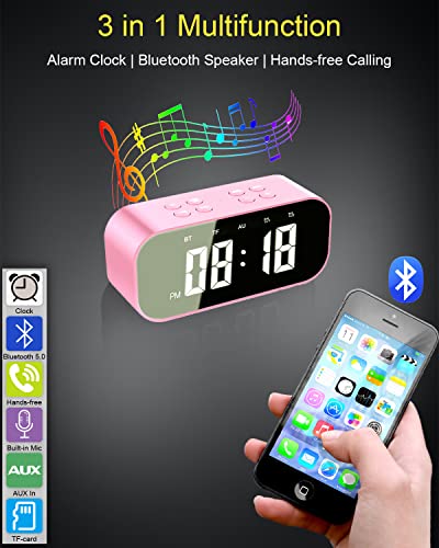 AFK Alarm Clock for Bedroom/Office,Small Digital Clock with Bluetooth Speaker,Desk Clock with Dual Alarms,Snooze,Mirror LED Display,Hands-Free Calling for Girls/Adults.(12H Format,Pink)