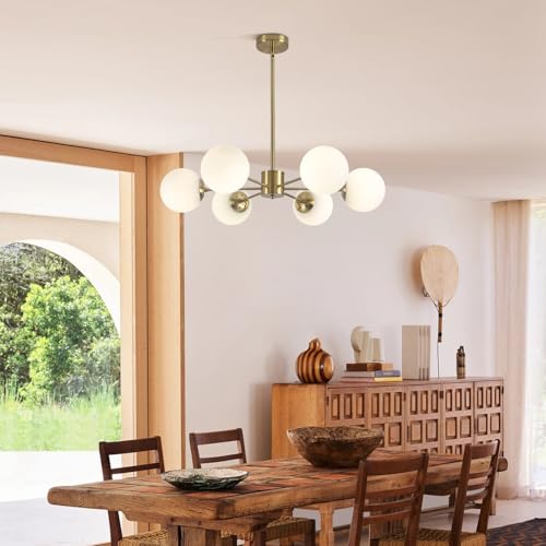 KCO Lighting Sputnik Vintage Gold Living Room Chandelier with 6 White Glass Globes, Minimalist Pendant Light 6 Lights with Adapter for Kitchen, Bedroom
