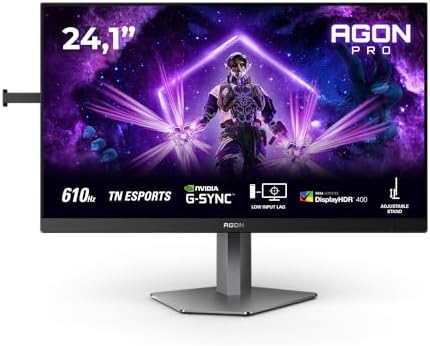 AG246FK6 Gaming Monitor 24 polegadas 610Hz TN Esports, 0,5ms GtG, HDR400, compatível com G-Sync, altura ajustável, (1920x1080 HDMI 2X 2.1 USB Hub) Preto