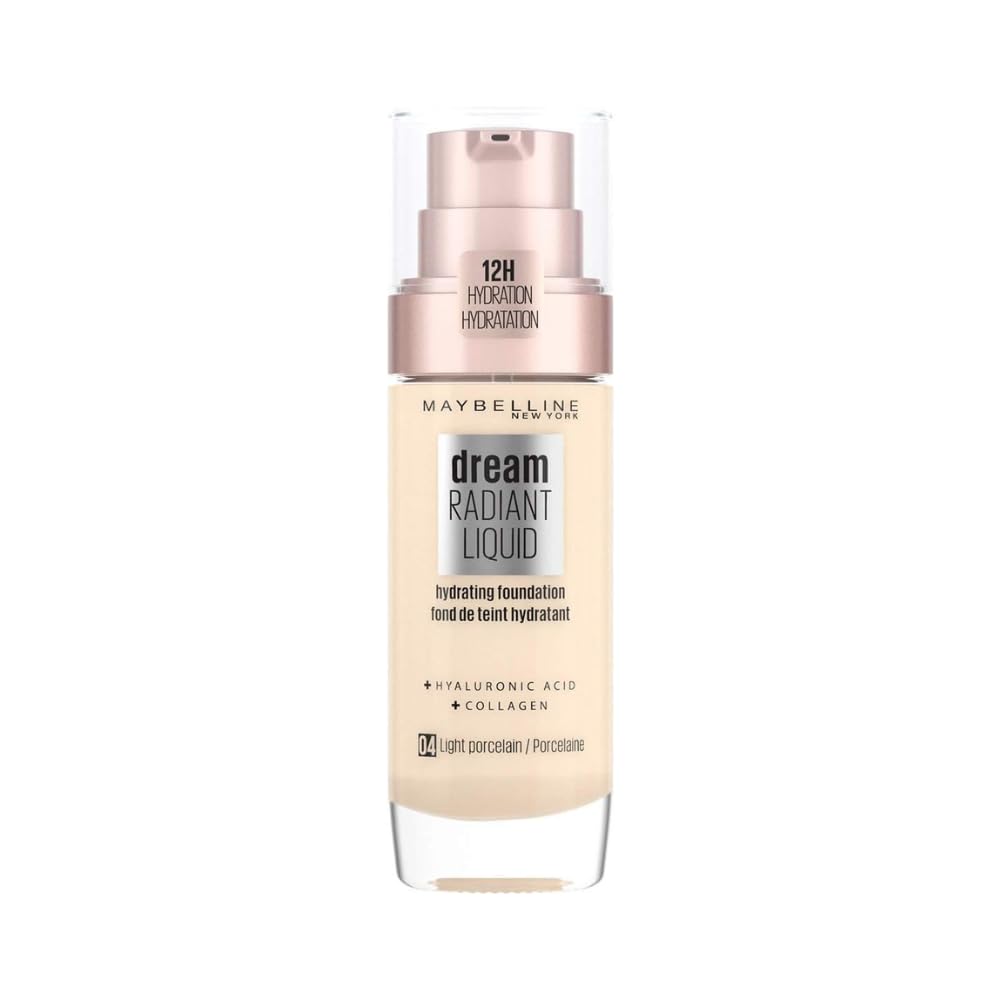Maybelline Foundation, Dream Radiant Liquid Hydrating Foundation With Hyaluronic Acid And Collagen - Lightweight, Medium Coverage Up To 12 Hour Hydration, 04 Light Porcelain