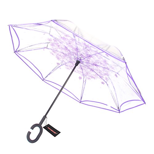 WASING Double Layer Inverted Umbrella Cars Reverse Umbrella, Windproof UV Protection Big Straight Umbrella for Car Rain Outdoor with C-Shaped Handle (Transparent Purple)