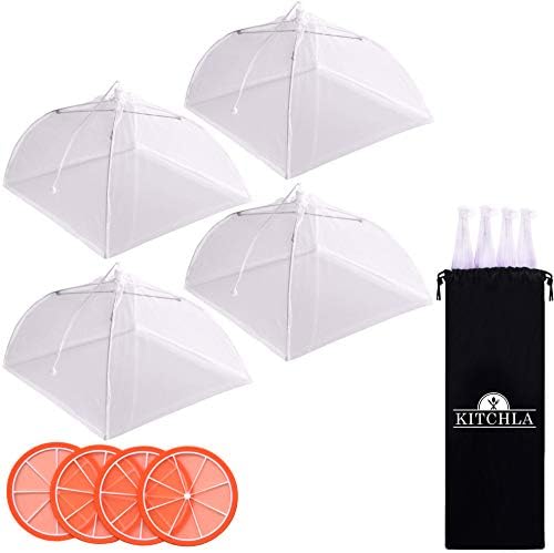 Food Covers [Quality Thick Netting] | 4 Pack Large 17 Inch Netted Pop-Up Tents with Coasters and Carry Case | for Protecting Food and Drinks from Flies, Mosquitos, and Insects | Free eBook
