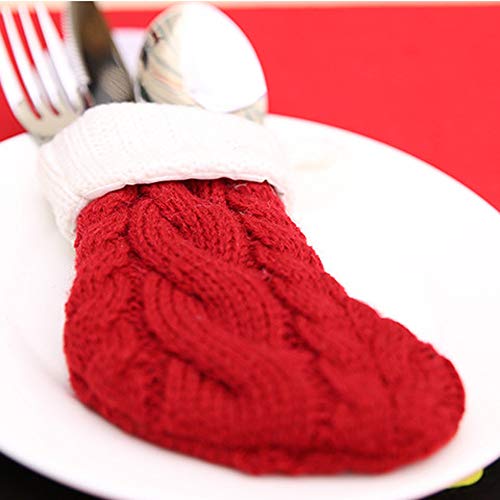 Tableware Storage MatureGirl Clearance Sale!!! 5PCS Christmas Socks Fork Knit Stocking Bag Cover Pocket Xmas Home Pouch Storage (Red) - Thumbnail 5