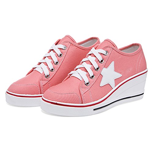 mewow Womens Casual Plus Size Low Top Wedge Heel Star Canvas Shoes Fashion Sneaker (10, Pink Large Star)