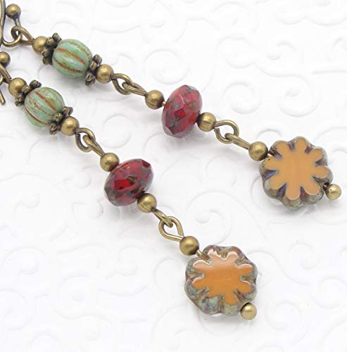 Handmade Rustic Sulphur, Red and Green Boho Earrings