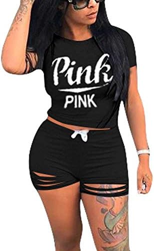 KIRJAUDU Women Summer Bodycon Sweatshirt Distressed Short Pants Sport Jogger Set Outfits Black L